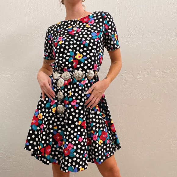 Vintage Black Funky Floral Dot Printed Short Sleeve Mini Dress - Picture 4 of 7